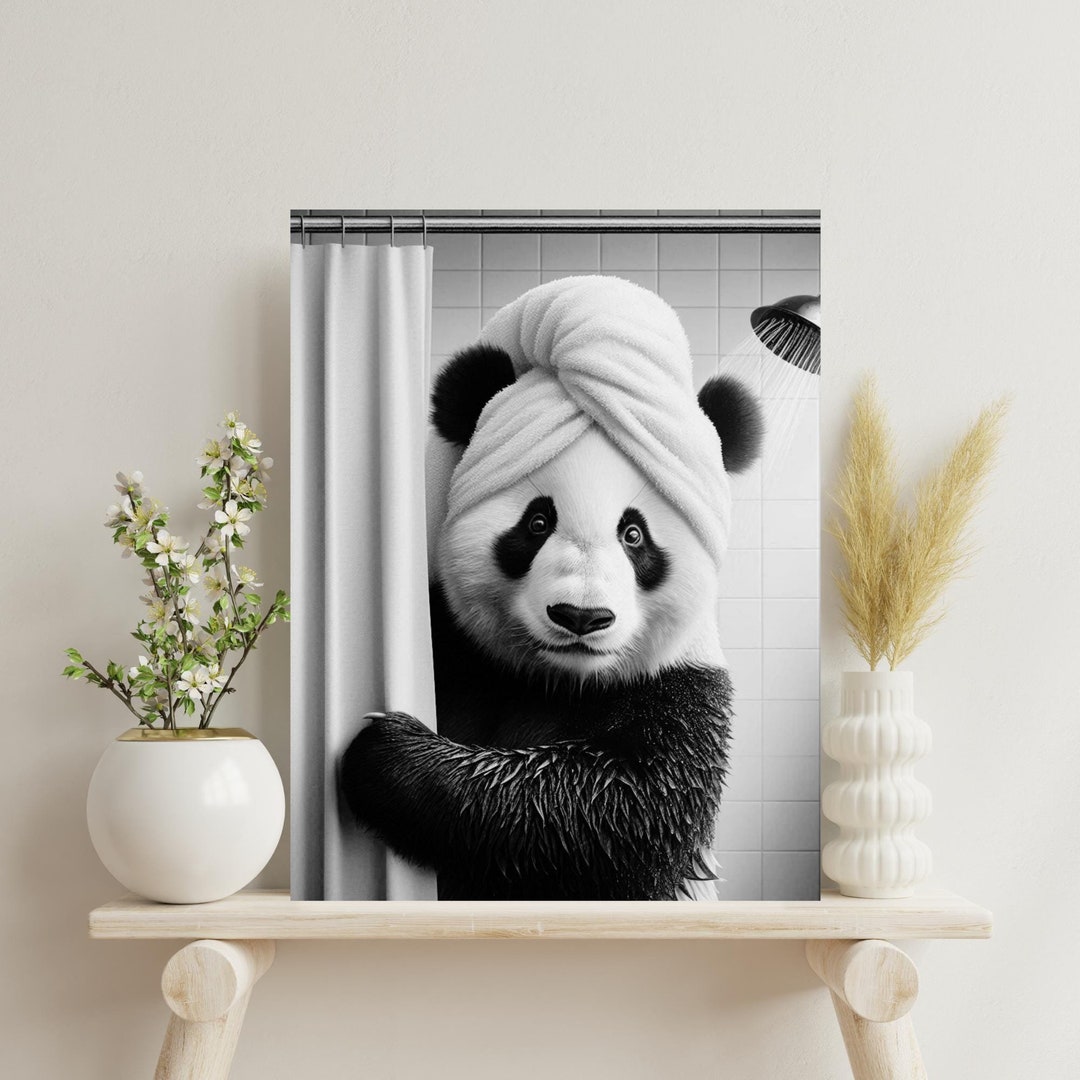 Panda Bear Bathroom Wall Art, Panda Peeking Out of Shower Curtain Print ...