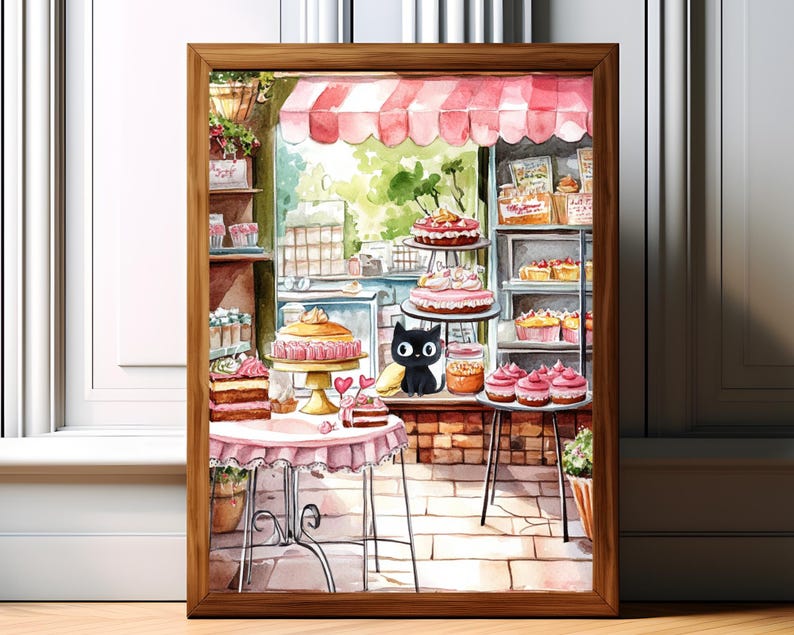 Black Cat Painting, Cat Kitchen Wall Art, Pastry Bakery Shop, Cat