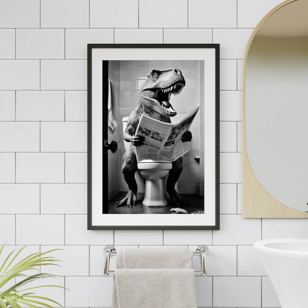 Dinosaur T-rex on Toilet Printable Wall Art Dino Reading Paper dinosaur ...