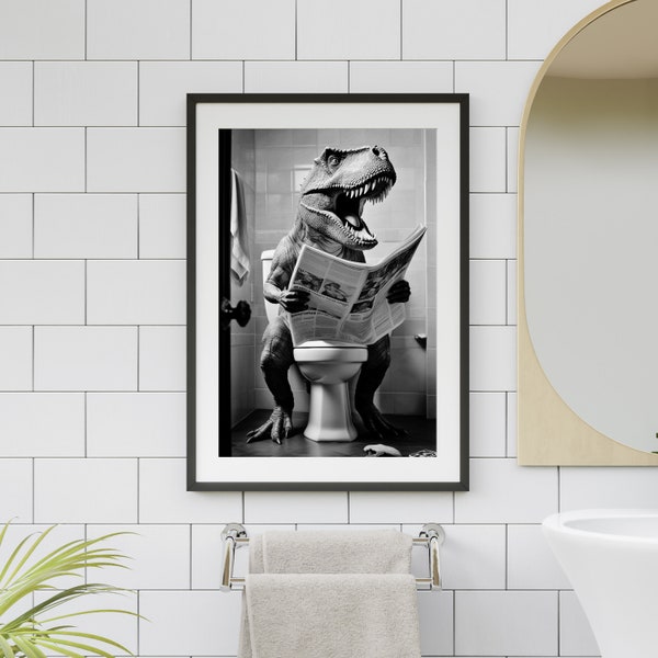 Dinosaur T-Rex on Toilet Printable Wall Art |  Dino Reading Paper |Dinosaur Bathroom Art Print | Stunning Digital Download