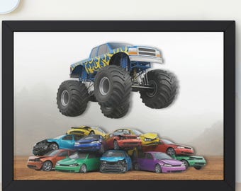 Monster Truck  Car Jumping Wall Art Print, Toy Cars Wall Décor, Playroom décor, Kids Room, Nursery Print, monster truck lovers gift #H100