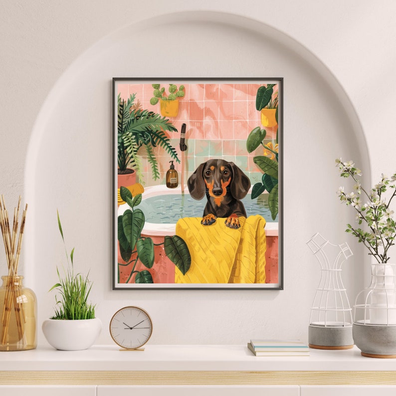 Dachshund Dog in Bathtub Printable Wall Art, Weenie Dog Taking a Bath ...