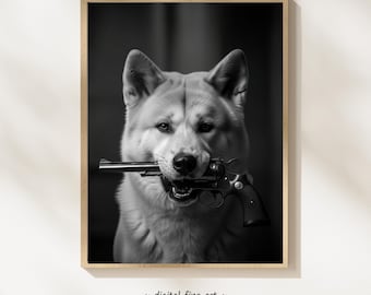 Akita Inu-hond met geweerafdruk, digitale print, stedelijke hond afdrukbare gangsterposter, revolver pistool kunst aan de muur, #GFD2TQ