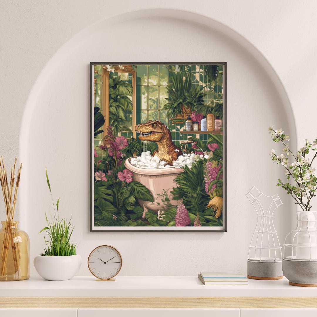 T-rex Dinosaur in Bathtub Botanical Art Print (digital Download