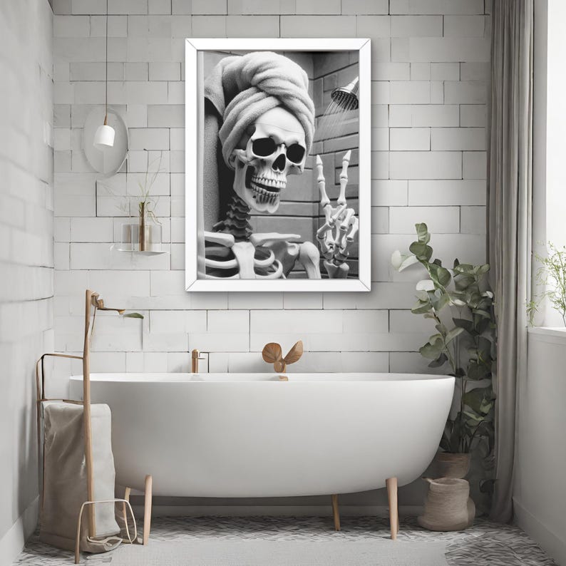 Skeleton Spa Skeleton Bathroom Wall Art, Skeleton Peeking Out of Shower Print, Peace ...