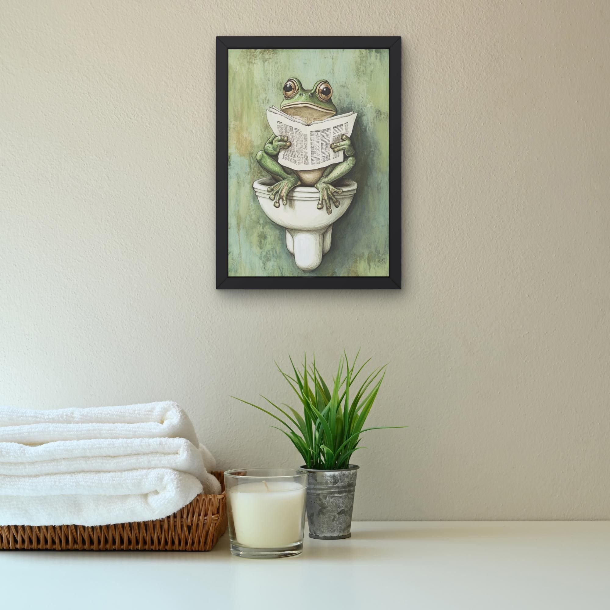 Frog on Toilet Print: Funny Bathroom Wall Art, Toad Reading Newspaper ...
