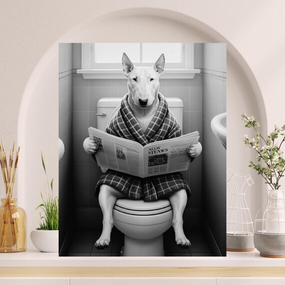 Affiche Toile Humoristique Chien Aux Toilettes - 12x16 Pouces, Déco Salle De Bain, Cadeau Drôle, Vintage