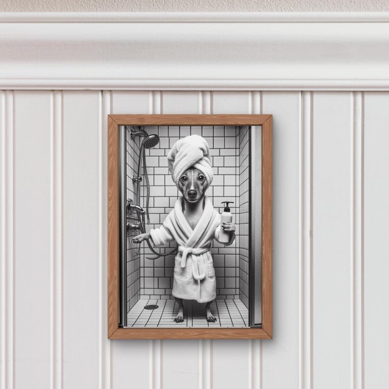 Rat Terrier Dog Bathroom Wall Art, Rat Terrier in Bathrobe and Shower