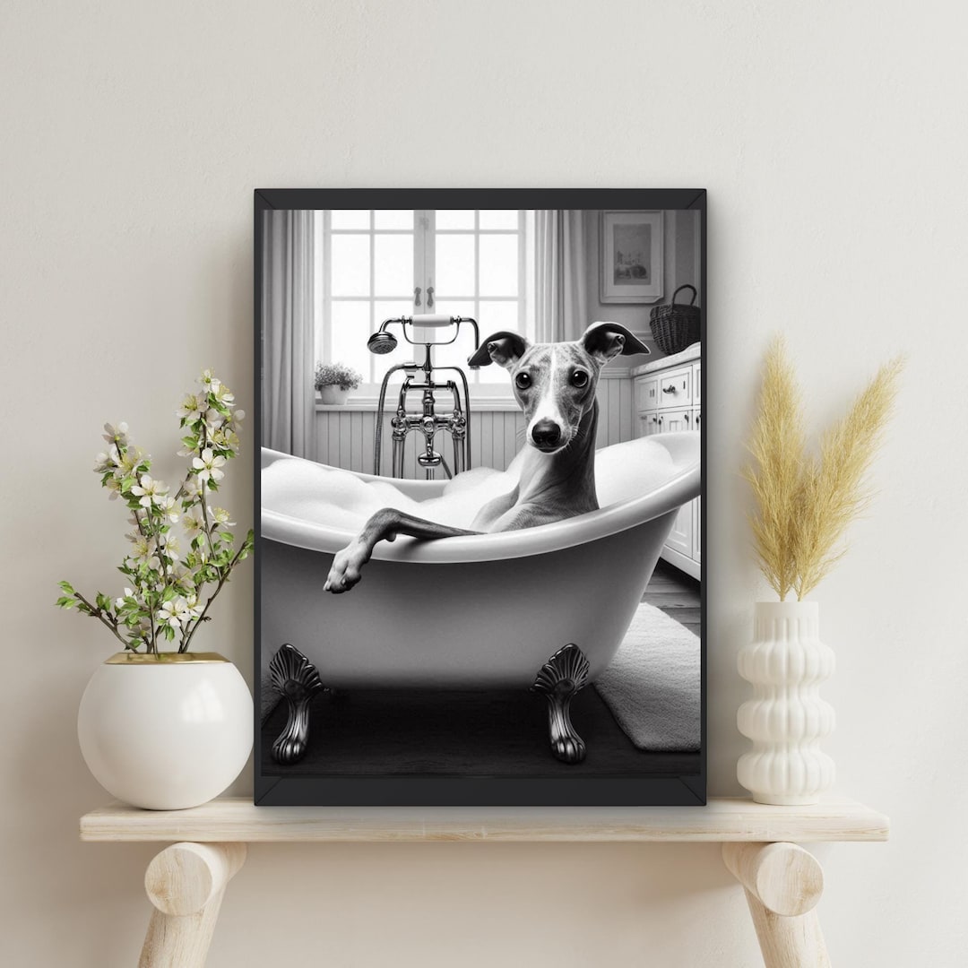 Whippet Dog in Tub Printable Wall Art | Dog Taking a Bubble Bath in ...