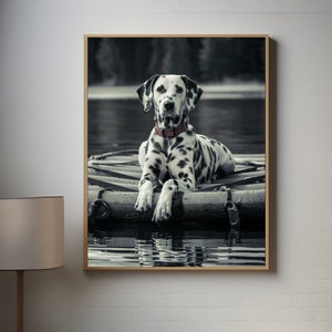 Puede incluir: Un perro dálmata blanco y negro sentado en una balsa de madera en un lago. El perro lleva un collar rojo y mira directamente a la cámara.