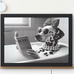 May include: A black and white photo of a Dalmatian dog wearing sunglasses and a bow, relaxing in a bathtub with a newspaper titled "DOG NEWS".