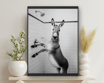 Donkey Mule Print, Bathroom Wall Art, Donkey in Shower Wall art, Bathroom Print, housewarming gift, Bathroom Decor, #XBL519