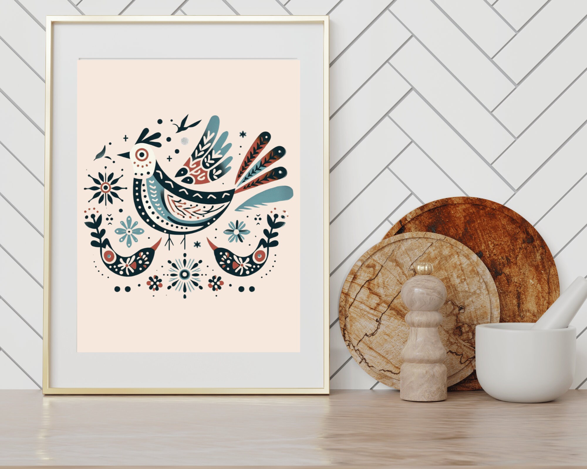 Scandinavian Folk Art, Nordic Bird and Flowers, Scandinavian