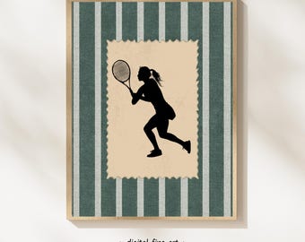 Vintage stempel, print tennisspeler: cadeau sportfan, gestreept groen en wit, decor tennisracket, tennisbal, poster tennisbaan #M91W24