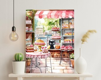 Black Cat Bakery Art Print: Whimsical Kitchen Decor (Digital Download) #N1479