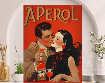 May include: A vintage advertisement for Aperol featuring a couple toasting with glasses of the Italian liqueur. The woman is wearing a black dress with a mandarin collar and the man is wearing a suit. The background is red with the word "Aperol" in gold lettering.