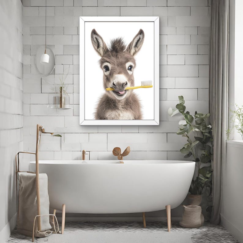 Donkey Burro Bathroom Wall Art Brushing Teeth Donkey Bathroom Art Print
