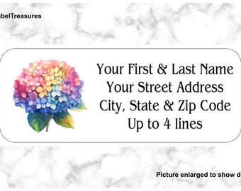 Set of 150 Hydrangea Flowers Prismatic Colorful Floral Return Mailing Address Labels Personalized up to 4 lines  1 x 2 5/8