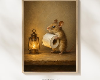 Funny Mouse Bathroom Wall Art Printable, Toilet Paper Mouse Print, Whimsical Animal Decor, Vintage Digital Download #NND12A
