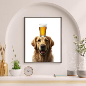 ビールを持ったゴールデンレトリバーのウォールアート、犬のアルコールポスター、レストランの装飾、ビールのアルコールプリント、面白い犬のポスター、バーカートの装飾 #H801