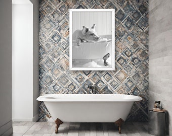 Poster di maiale nella vasca da bagno, decorazione da parete per bagno divertente, stampa artistica di animali da fattoria, arte di maiale in bianco e nero, poster di maiale carino con bagno