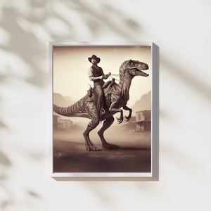 Stampa vintage di dinosauro a cavallo di cowboy western - Decorazione per la casa, cameretta dei bambini o arte murale per ufficio - Stampa artistica da cowboy in stile giurassico, poster di dinosauri #H106