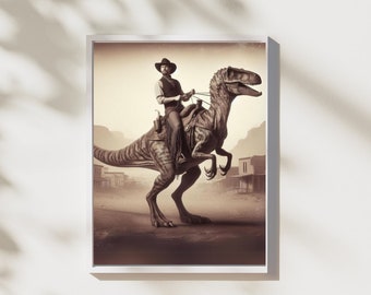 May include: A cowboy wearing a hat and vest rides a brown dinosaur in a sepia-toned western town setting.