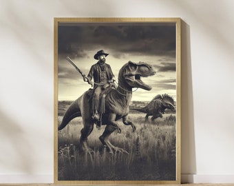 May include: A black and white photo of a man riding a dinosaur. The man is wearing a cowboy hat and holding a rifle. The dinosaur is walking through a field of tall grass.