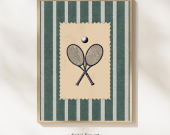 Vintage stempel, print tennisspeler: cadeau sportfan, gestreept groen en wit, decor tennisracket, tennisbal, poster tennisbaan #C91Q24