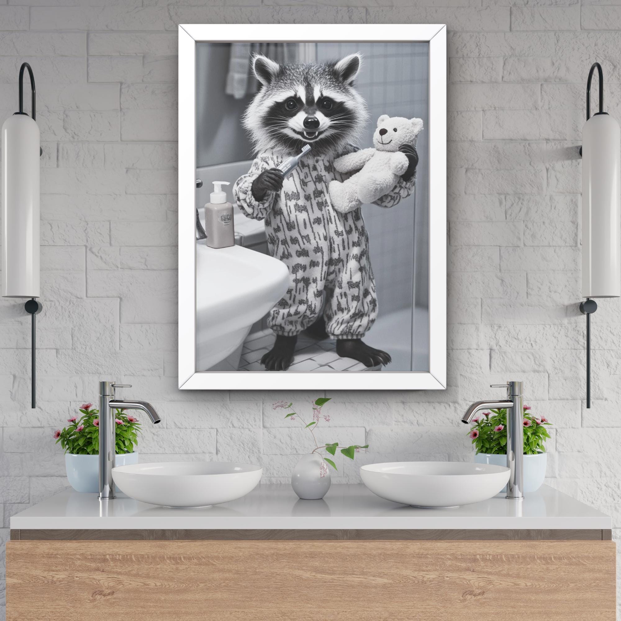 Set Di 3 Stampe Su Tela Con Procioni Per Bagno, Decorazione Murale Umoristica, Bianco E Nero, 30,5x40,6 Cm