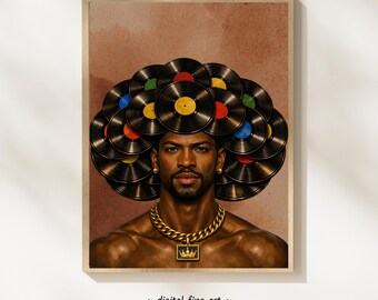 Vinyl King Afro Art Print – Afrocentric Black Man Portrait with Record Hair – Male Fashion Wall Art Digital Download #KCC4L090S