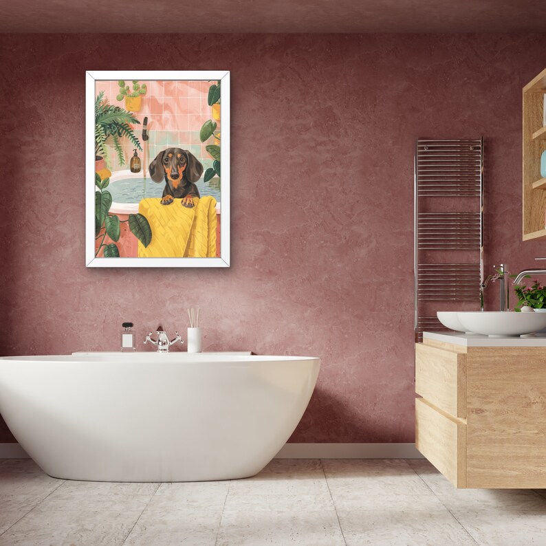 Dachshund Dog in Bathtub Printable Wall Art, Weenie Dog Taking a Bath ...