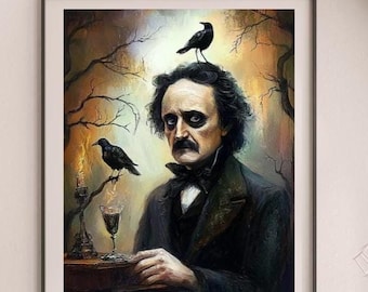 The Raven Wall Art Decor, Edgar Allan Poe Parody, Vintage Oil Painting Style Poster Print, Dark Academia, Book Enthusiasts, Raven Gift #P03