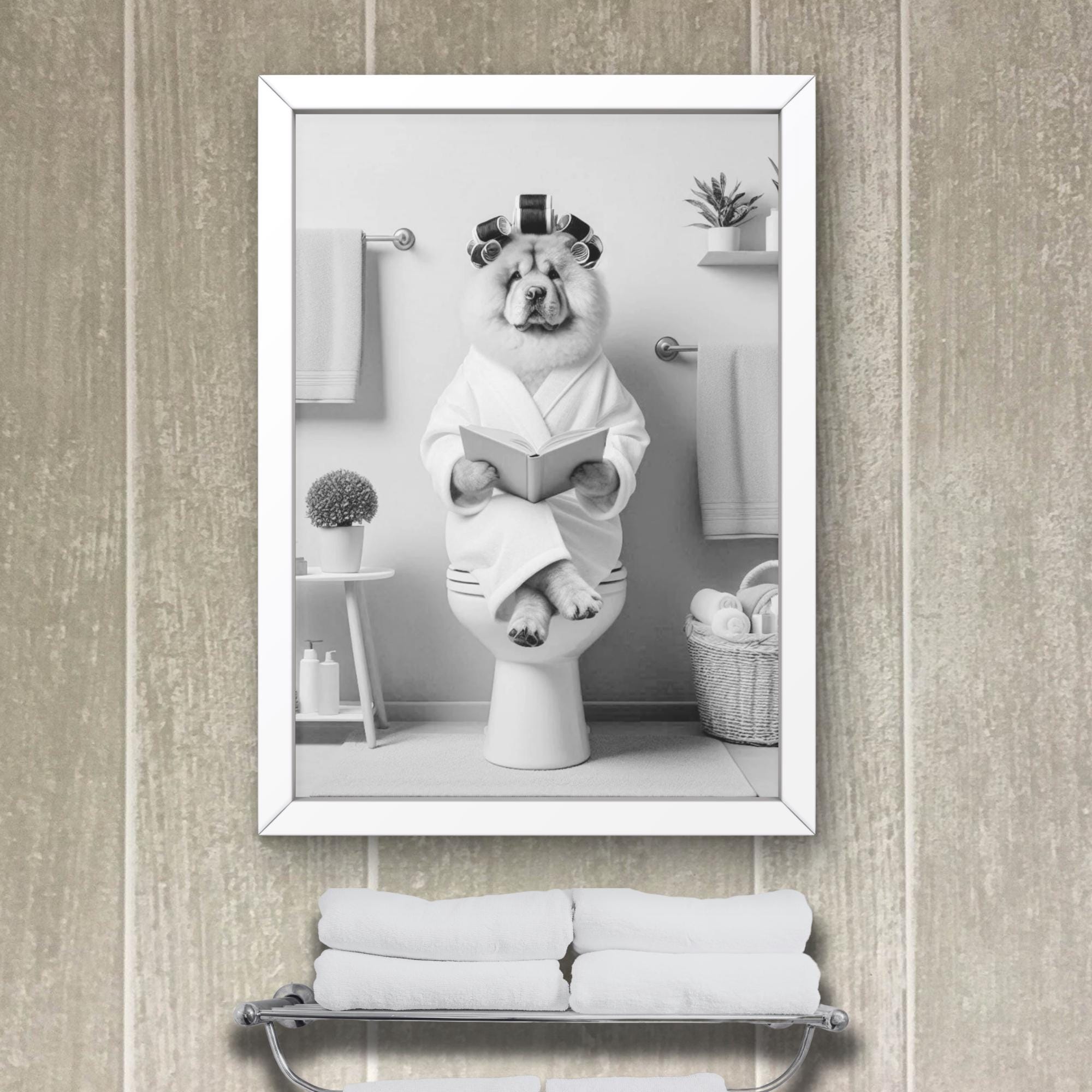 チャウチャウ犬のバスルームウォールアート、トイレで本を読む
