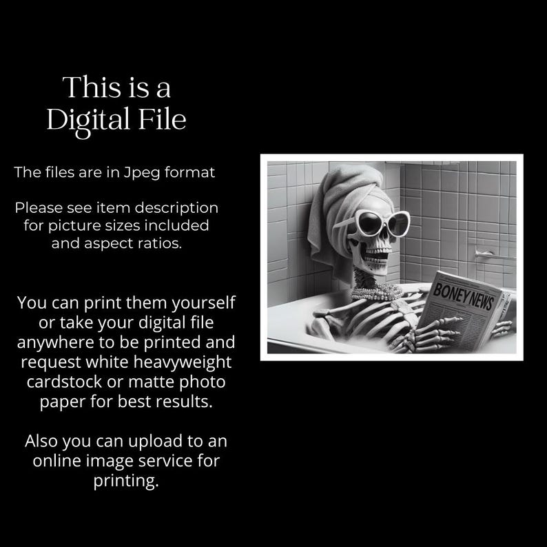 Prissy Skeleton in Tub Bathroom Wall Art, Skelly Taking a Bath reading newspaper, Guest bath decor, Halloween housewarming gift #AA1141