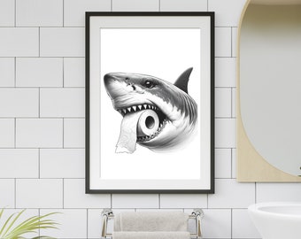 Great White Shark Wall Art, Bathroom Décor, Ocean Coastal Print, Bathroom Wall Art, Kids Bath Print, Shark Print, Bathroom Print  #X785