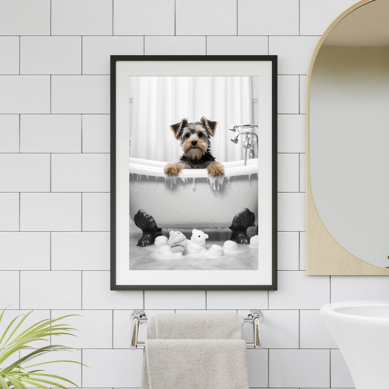 Yorkie Dog in Tub Printable Wall Art Dog Taking a Bath in Tub Photo Yorkshire Terrier Bathroom ...