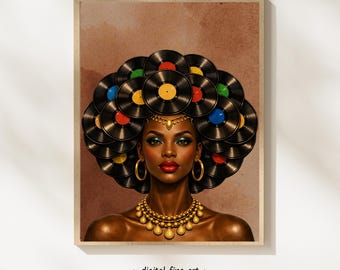 Vinyl Queen Afro Art Print – Afrocentric Black Woman Portrait with Record Hair – Retro Music Lover Digital Download #HKCC4L00S