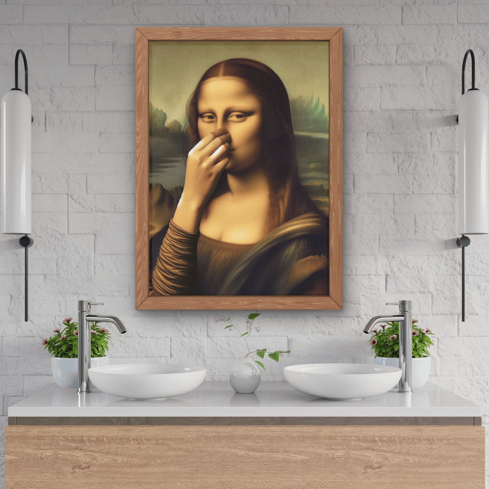 Parody Mona Lisa Bathroom Wall Art Decor Covering Her Nose Vintage Bad ...
