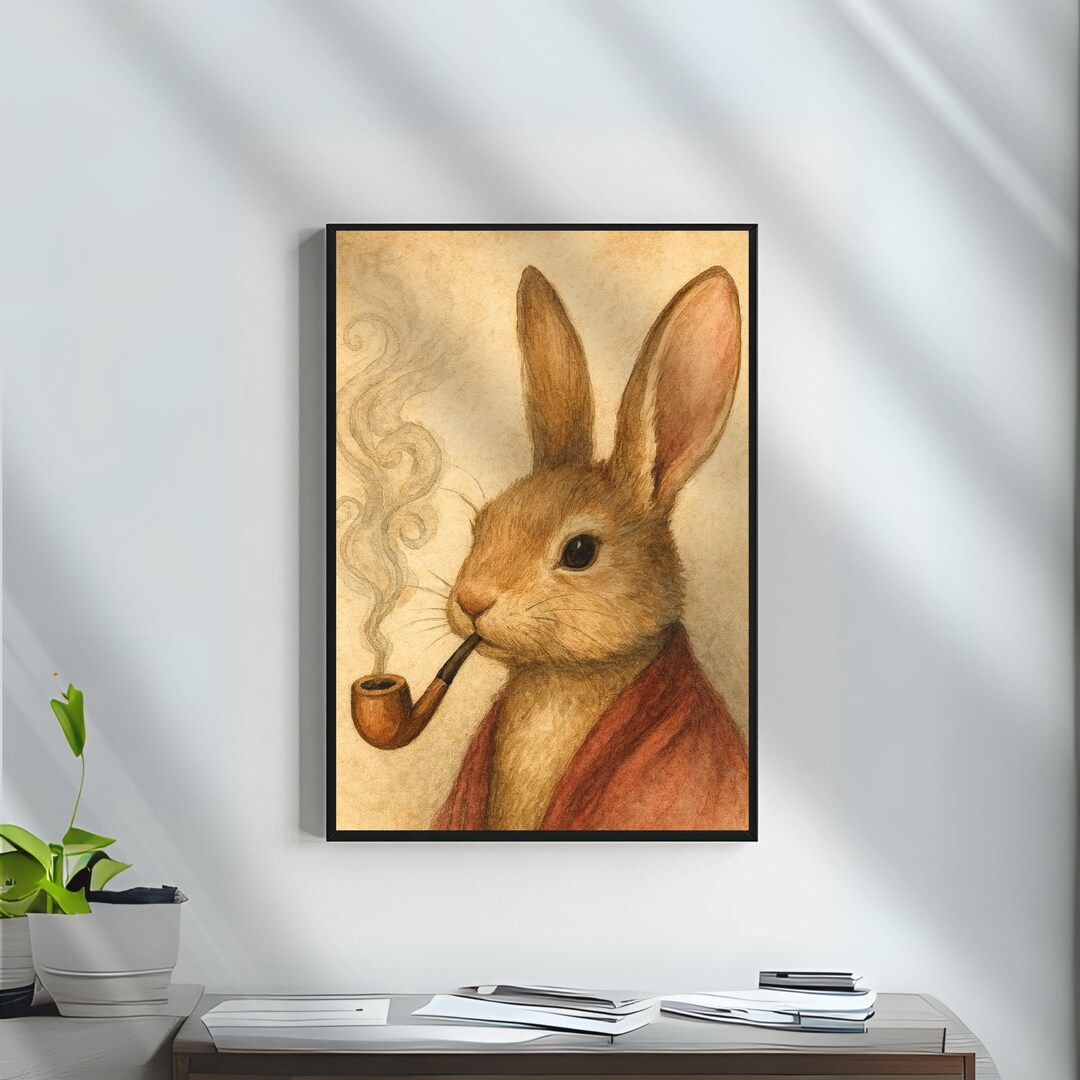 Rabbit Painting, Bunny Smoking a Pipe, Hare Wall Art, Funny Animal ...