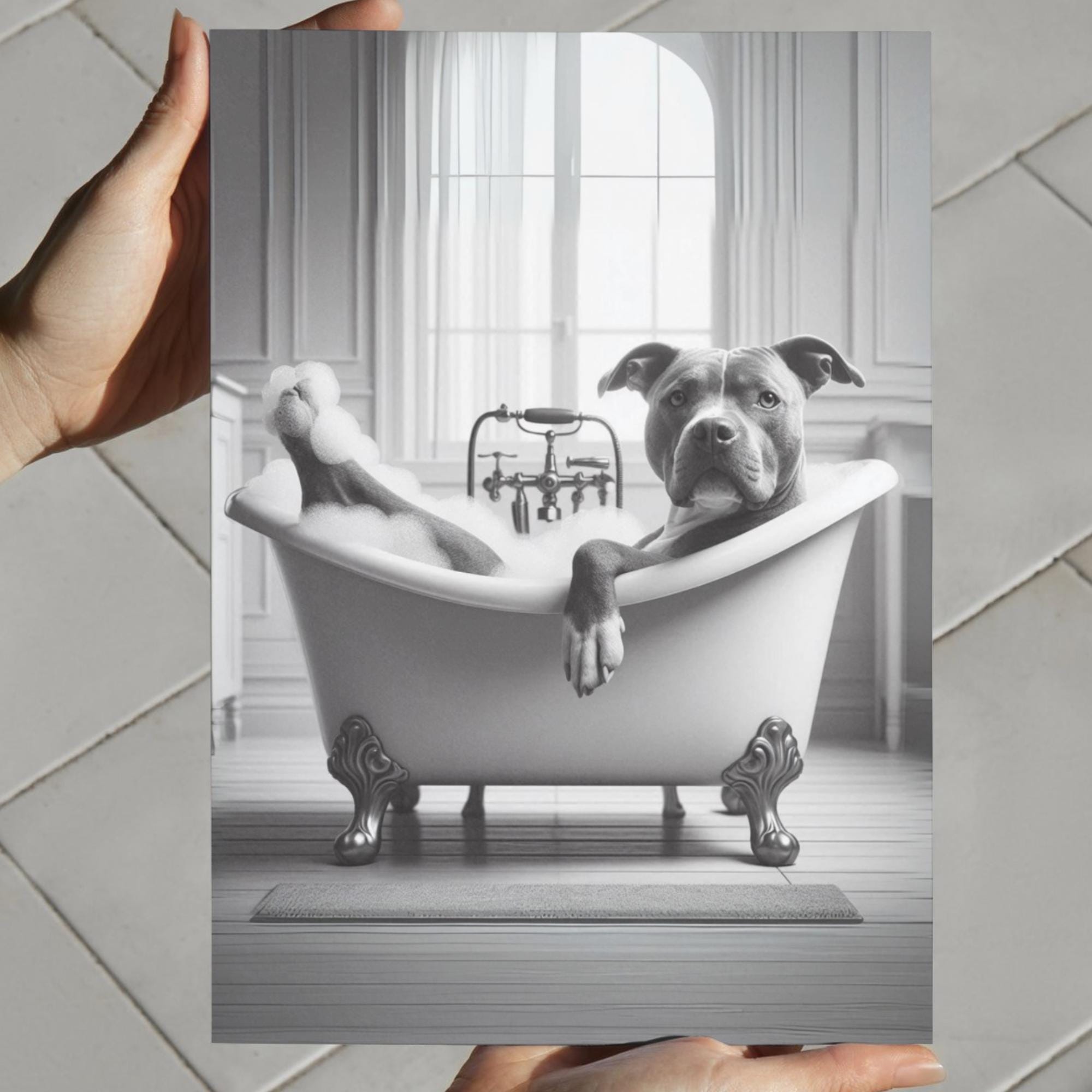 Pitbull Terrier Dog in Tub Printable Wall Art | Dog Taking a Bubble ...
