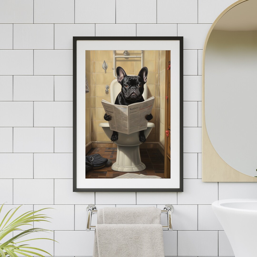 Black French Bulldog on Toilet Printable Wall Art, Frenchie Dog Reading ...