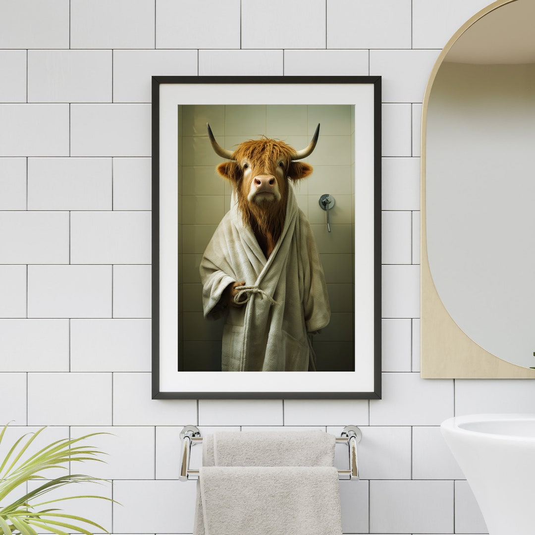 Highland Cow in Bathrobe Printable Wall Art Cow Bath Time Robe Highland