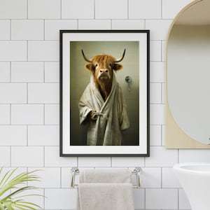 Highland Cow In Bathrobe Printable Wall Art | Cow Bath Time Robe  | Highland Cow in Bathroom Art Print | Stunning Digital Download #C137