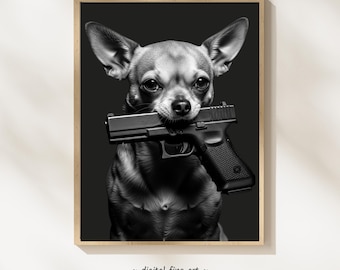 Impresión digital de un chihuahua con pistola, póster imprimible de estilo urbano con temática de gánster, arte mural con pistola Glock de 9 mm, Segunda Enmienda #G6V1TQ