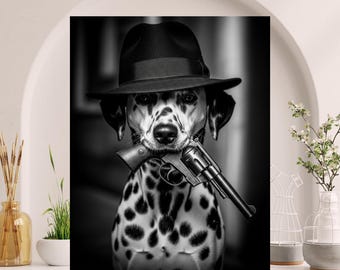 Dalmatische hond met geweerprint, digitale print, stedelijke hond afdrukbare gangsterposter, revolver geweer kunst aan de muur, 2e amendement #GV1T9