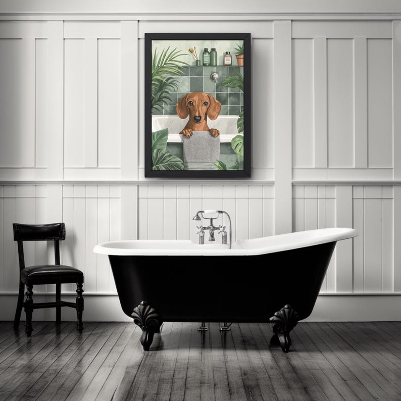 Dachshund Dog in Bathtub Printable Wall Art, Weenie Dog Bathroom Print ...
