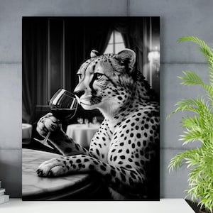 チーター アルコール ウォール アート、バーに座る大きな猫のポスター、ワイン愛好家、チーター愛好家へのギフト、アルコール マンケイブ プリント、バー カート デコレーション #H601