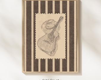 Vintage stempel, gitaarprint: cadeau voor muziekliefhebbers, gestreept bruin en wit, cowboyhoed kunst aan de muur, muzikale print, countrywestern #25J0W24