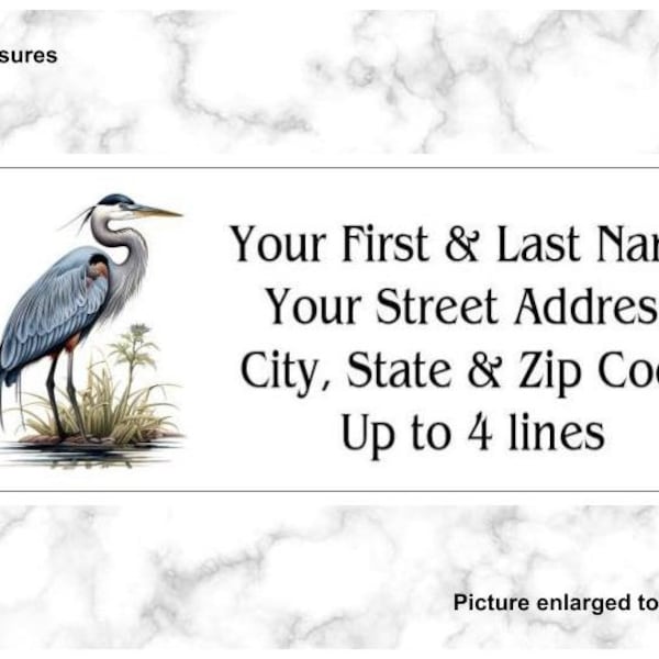 Set of 150 Beautiful Blue Heron Bird Grass  Style 3 Return Mailing Address Labels Personalized up to 4 lines  1 x 2 5/8